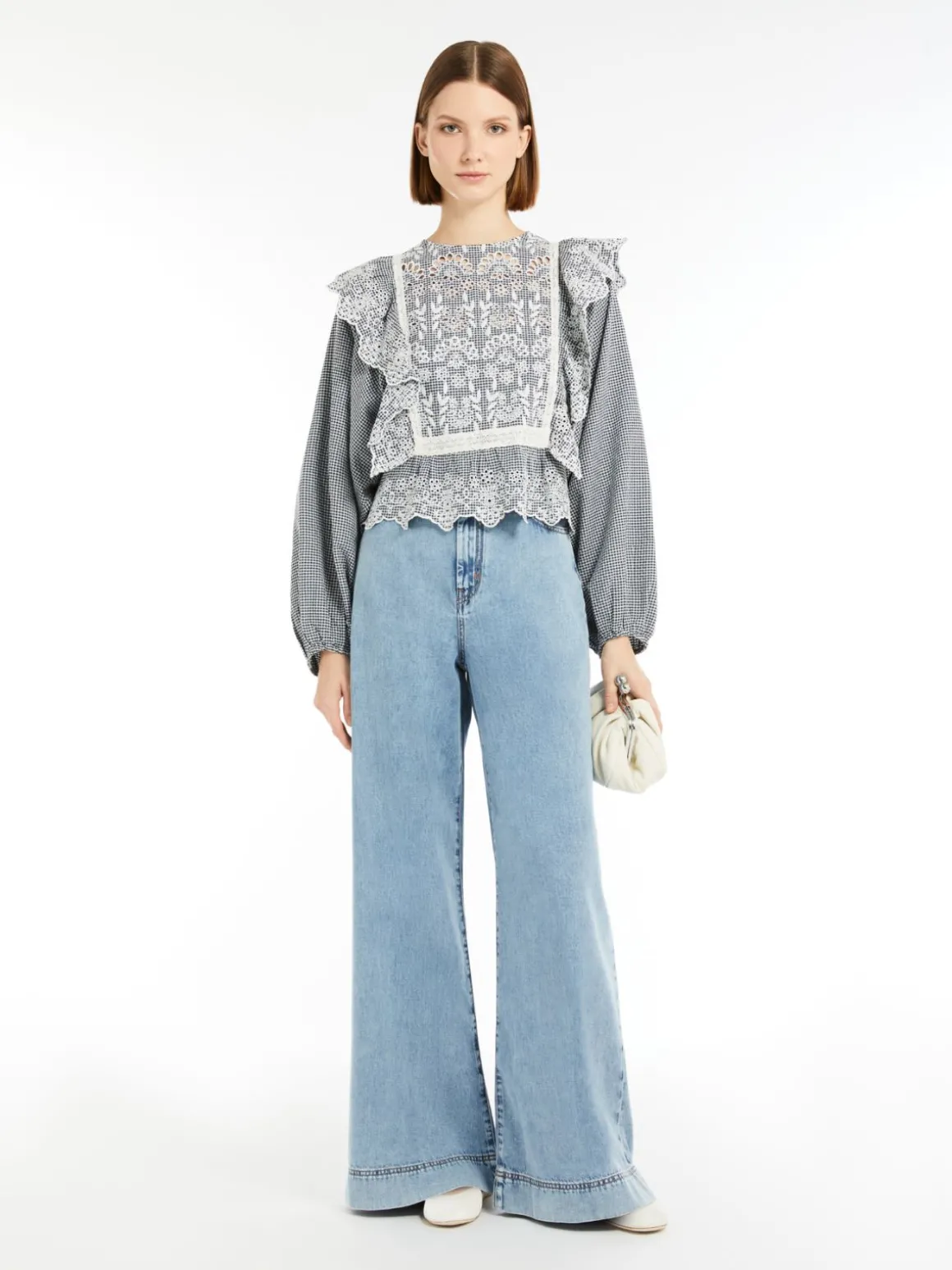 Flash Sale sa in tela di cotone Vichy con ricamo Camicie E Bluse