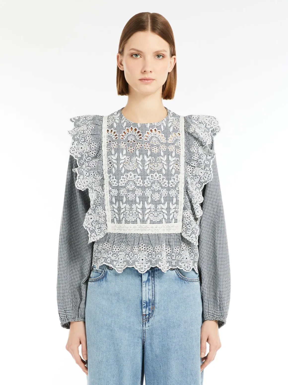 Flash Sale sa in tela di cotone Vichy con ricamo Camicie E Bluse